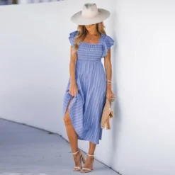 Women's Pinstriped Smocked Midi Dress - Cupshe -Cupshe GUEST 00b3d0f4 149b 46c9 bb87 a36d9776f9c5