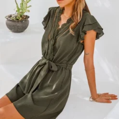 Women's Scalloped Lace Ruffled Belted Romper - Cupshe