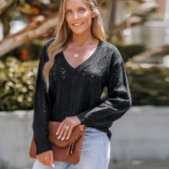 Women's Pointelle Knit V-Neck Sweater - Cupshe -Cupshe GUEST 095753e0 88c8 4f56 9c0c 87256b1b6629