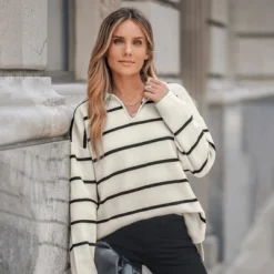 Women's Striped V-Neck Collar Sweater - Cupshe -Cupshe GUEST 0b7c2737 5d7c 45bf bc91 a9a0897894f2