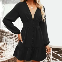 Women's Plunge Neck Button Loop Mini Dress - Cupshe