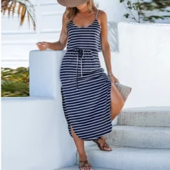 Women's Striped Drawstring Waist Midi Dress - Cupshe