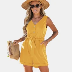 Women's Belted V-Neck Sleeveless Romper -Cupshe -Cupshe GUEST 1afff12f 2226 4bdc 83bc 6f6415a6e985