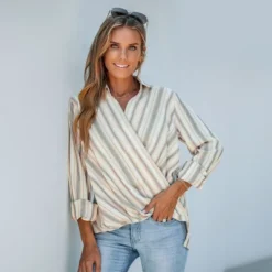 Women's Striped Surplice Neck Long Sleeve Shirt - Cupshe -Cupshe GUEST 1bccd44c 5d60 4365 b9ae 61ad6712b256