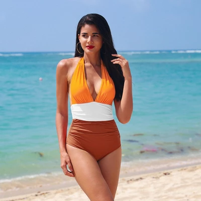 Women's Colorblock Halter Backless Ruched One Piece Swimsuit - Cupshe 7 Women's Colorblock Halter Backless Ruched One Piece Swimsuit - Cupshe - Image 5