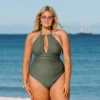 Women's Green Plus Size One Piece Ruched Cutout Halter Self Tied Bathing Suit - Cupshe -Olive -Cupshe GUEST 1dcfc485 abca 4c02 9a2c 8c0ddeaa25fe