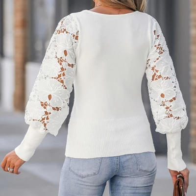 Women's Floral Lace Bishop Sleeve Fitted Sweater - Cupshe 5 Women's Floral Lace Bishop Sleeve Fitted Sweater - Cupshe - Image 3