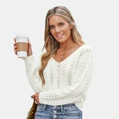 Women's Cutout Crochet V-Neck Sweater - Cupshe -Cupshe GUEST 1efed2ca 33fe 48ee 859b 9aa2d4b483f0
