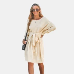 Women's Belted Cream Mini Sweater Dress - Cupshe -Cupshe GUEST 21156bf1 f82c 453d b7c4 fd29e9442b3f