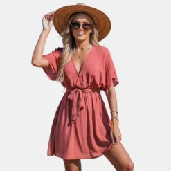 Women's V-neck Belted Short Sleeve Mini Wrap Dress - Cupshe -Cupshe GUEST 2230d016 d38d 4415 9787 a3ff68f3ffea