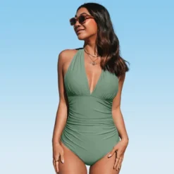 Women's Plunge Halter Backless Ruched One Piece Swimsuit - Cupshe -Cupshe GUEST 22be4862 7583 4109 b529 7d9b3202a86f