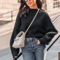 Women's Onyx Rib Bishop Sleeve Sweater - Cupshe