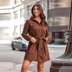 Women's Belted Corduroy Button-Front Mini Dress - Cupshe -Cupshe GUEST 27f861d0 d88f 4075 8aef 79b757ac62d5