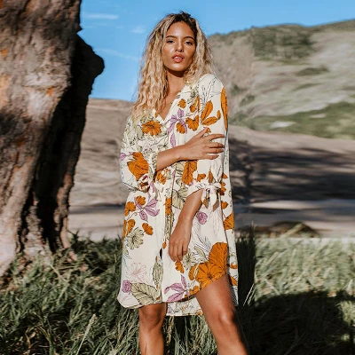 Women's Long Sleeve Floral Buttoned Shirt Dress- Cupshe -Orange/White 3 Women's Long Sleeve Floral Buttoned Shirt Dress- Cupshe -Orange/White