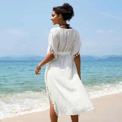 Women's Cover Up Tassel Trim Belted Side Split Midi Length Beachwear-Cupshe 4 Women's Cover Up Tassel Trim Belted Side Split Midi Length Beachwear-Cupshe - Image 2