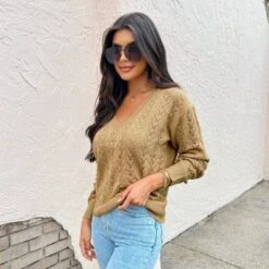 Women's Pointelle Knit V Neck Long Sleeve Sweater -Cupshe