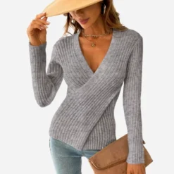 Women's Ribbed Surplice Wrap Sweater - Cupshe -Cupshe GUEST 336b93bc fe53 4b2c 962a a7c6fba375f4