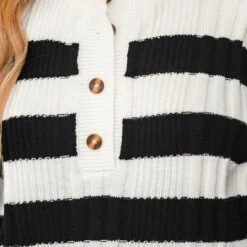 Women's Striped Half-Buttoned Sweater - Cupshe