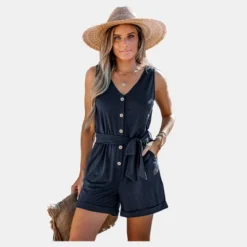 Women's Belted V-Neck Sleeveless Romper -Cupshe -Cupshe GUEST 34b17a12 f71c 48e1 a092 4918e274cb5a