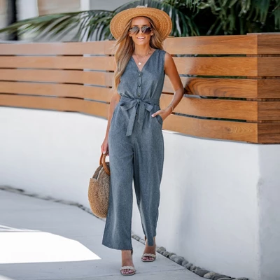 Women's Belted V-Neck Buttoned Jumpsuit - Cupshe 7 Women's Belted V-Neck Buttoned Jumpsuit - Cupshe - Image 5