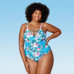 Women's Plus Size Floral Strappy V Neck One Piece Swimsuit - Cupshe-Blue -Cupshe GUEST 36b187bc 2330 4219 a115 c0135c11ca21