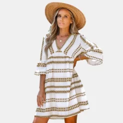 Women's Geo Print V-Neck Long Sleeve Mini Dress - Cupshe -Cupshe GUEST 39060438 096c 41ab 977c d0b3622073f8