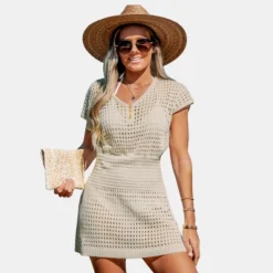 Women's Crochet Knit Cutout V-Neck Cover-Up Mini Dress - Cupshe -Cupshe GUEST 39f874f5 6572 468a 859a 33686ff8ea4f