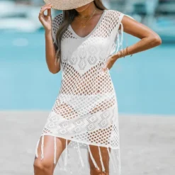 Women's Sheer Crochet Fringe Cover-Up Dress - Cupshe