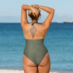 Women's Green Plus Size One Piece Ruched Cutout Halter Self Tied Bathing Suit - Cupshe -Olive -Cupshe GUEST 425ecd1c 8454 4e02 968e 16855e484f57