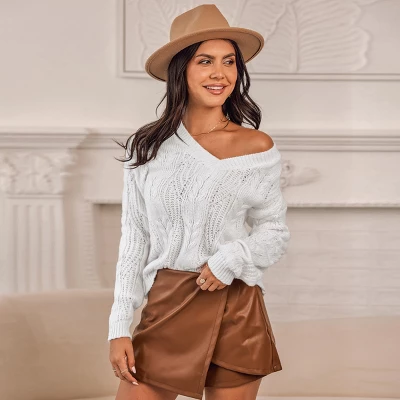 Women's Cable Knit V-Neck Sweater - Cupshe 3 Women's Cable Knit V-Neck Sweater - Cupshe