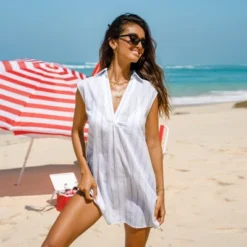 Women's Striped Split Neck Cover-Up Dress - Cupshe -Cupshe GUEST 42dbe84c 5ed2 4420 9344 77a32920d7d3