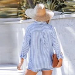 Women's Striped Flap Pocket Dropped Long Sleeve Shirt -Cupshe -Cupshe GUEST 4a504bc4 56df 487b 8cf4 2298c770bc56