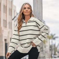 Women's Striped V-Neck Collar Sweater - Cupshe -Cupshe GUEST 4f3e292c 405b 4955 af80 31758b49329c