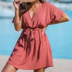 Women's V-neck Belted Short Sleeve Mini Wrap Dress - Cupshe -Cupshe GUEST 4f3efa1a c85b 4ea4 9b0f 10ed4c354f89