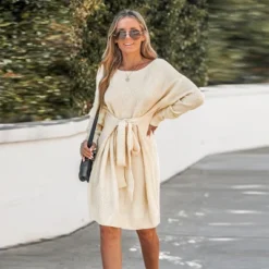 Women's Belted Cream Mini Sweater Dress - Cupshe -Cupshe GUEST 53143c73 c3f9 441f 832e a1e371ad0d79