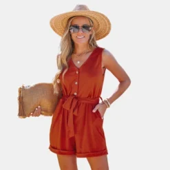 Women's Belted V-Neck Sleeveless Romper -Cupshe -Cupshe GUEST 572272a5 875a 40bc b9e3 6658f368a562