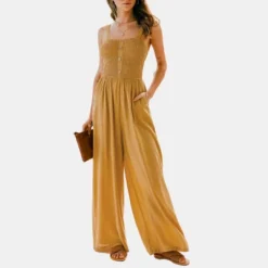 Women's Button Front Smocked Wide Leg Jumpsuit - Cupshe -Cupshe GUEST 59de9372 8317 4192 8949 454640730cfa