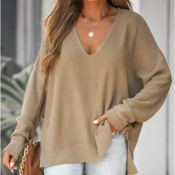 Women's V Neck Split Trim Oversized Sweater - Cupshe -Light Brown