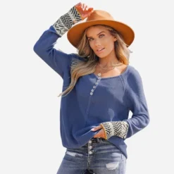 Women's Geo Print Half-Buttoned Henley Sweater - Cupshe -Cupshe GUEST 5c1d6689 3ec7 4f28 a587 41c8448ed711