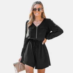 Women's Shadow Zip-Up Drawstring Waist Romper - Cupshe -Cupshe GUEST 5d4b3977 b097 4bc0 a63d 86a4bdce2f3e