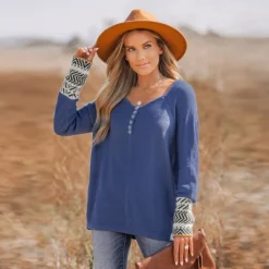 Women's Geo Print Half-Buttoned Henley Sweater - Cupshe -Cupshe GUEST 5fa642f8 3ec7 4ce8 8dc5 31940c467fd9