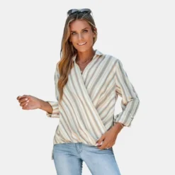 Women's Striped Surplice Neck Long Sleeve Shirt - Cupshe -Cupshe GUEST 60ed3991 b519 4ff0 bb76 da7ac85e081f