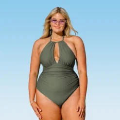 Women's Green Plus Size One Piece Ruched Cutout Halter Self Tied Bathing Suit - Cupshe -Olive -Cupshe GUEST 60f69384 56b8 48c9 a0cb 0355c2253ee4