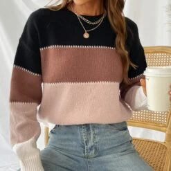 Women's Long Sleeve Colorblock Knit Round Neck Sweater - Cupshe -Cupshe GUEST 63dec945 563f 4540 814a 21d7331976e2