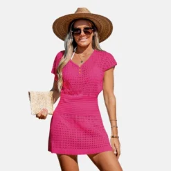 Women's Crochet Knit Cutout V-Neck Cover-Up Mini Dress - Cupshe -Cupshe GUEST 650cee72 0675 4784 835c 36fc94be35df