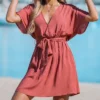 Women's V-neck Belted Short Sleeve Mini Wrap Dress - Cupshe