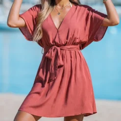 Women's V-neck Belted Short Sleeve Mini Wrap Dress - Cupshe