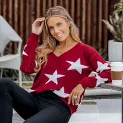 Women's Star Pattern V-Neck Drop Sleeve Sweater - Cupshe -Cupshe GUEST 67600263 f7a3 4820 8a8c 9dfb6f1d26af