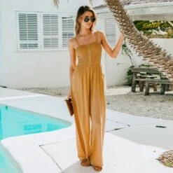 Women's Button Front Smocked Wide Leg Jumpsuit - Cupshe -Cupshe GUEST 67f68dd1 8059 4ee0 a24c b0cb5564d68c