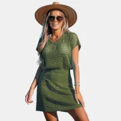 Women's Crochet Knit Cutout V-Neck Cover-Up Mini Dress - Cupshe -Cupshe GUEST 69acebe6 7d4b 4b44 9eea 312c676f130c